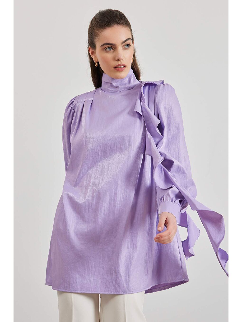 Drape Aksesuarlı Shine Tunik - Lila-3