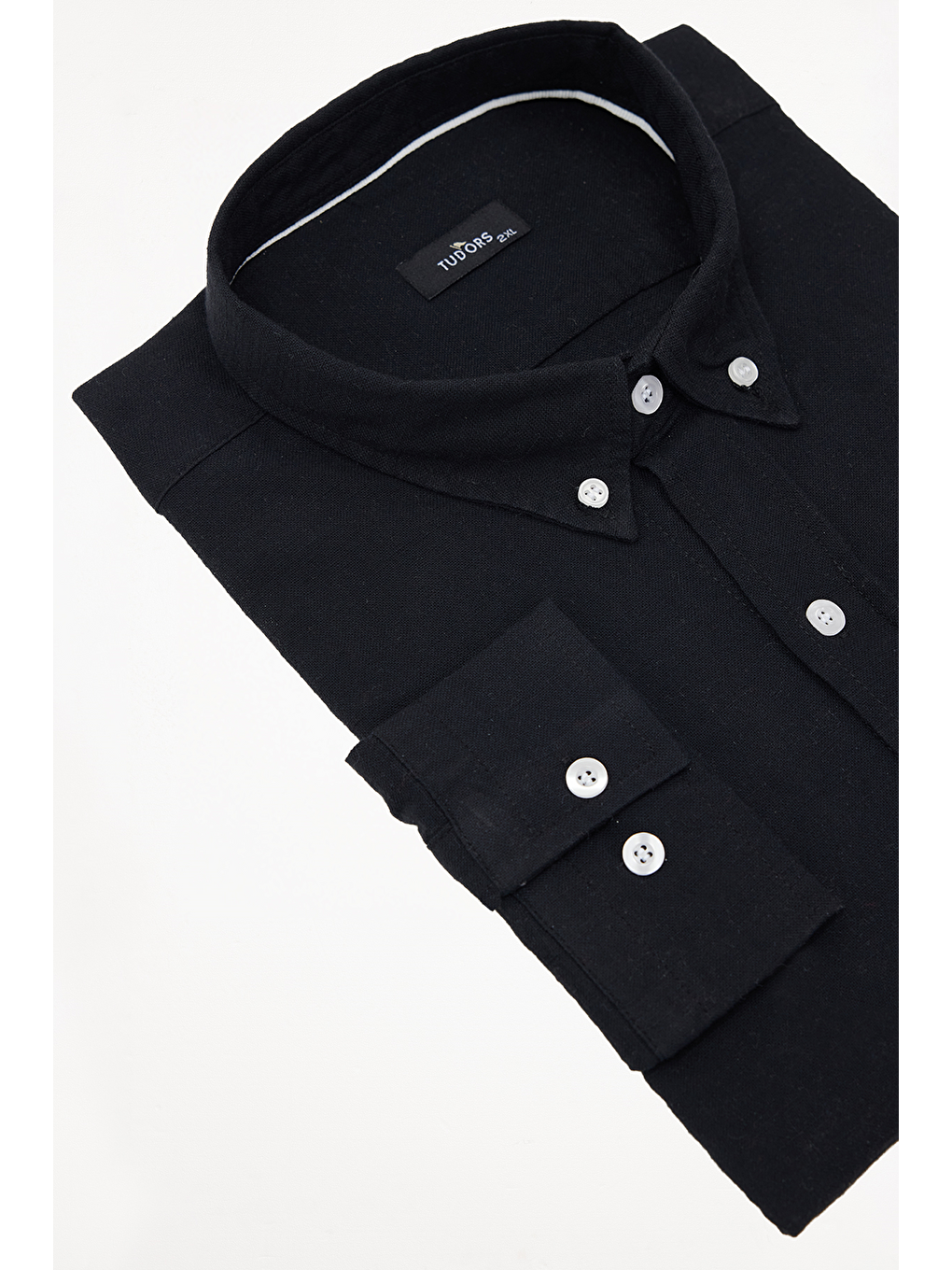 Erkek Big Size Büyük Beden Uzun Kollu %100 Pamuk Keten Doku Tek Cepli Siyah Düğmeli Yaka Gömlek-1