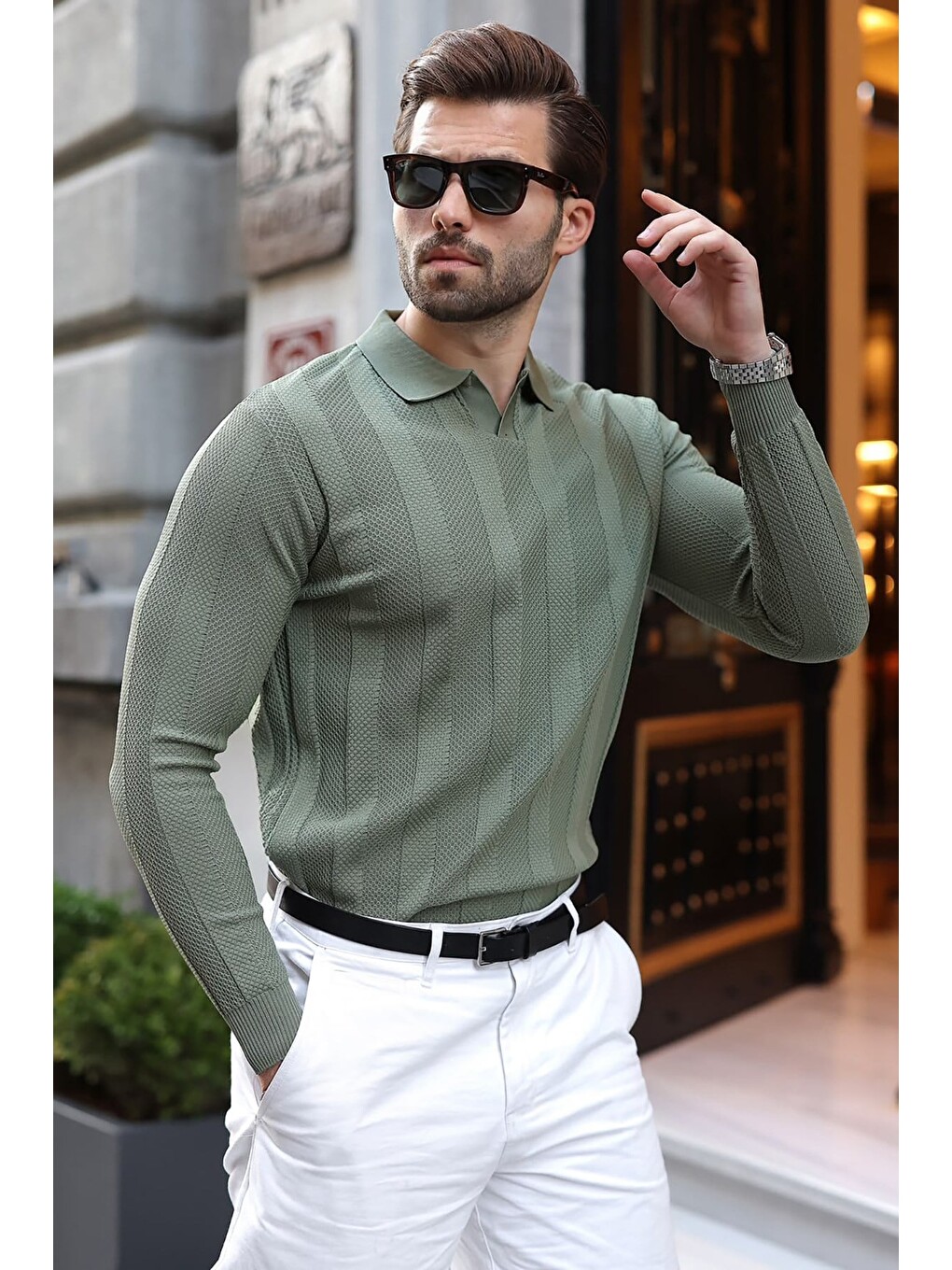 Haki Regular Fit Polo Yaka Triko Erkek Kazak E7509-1