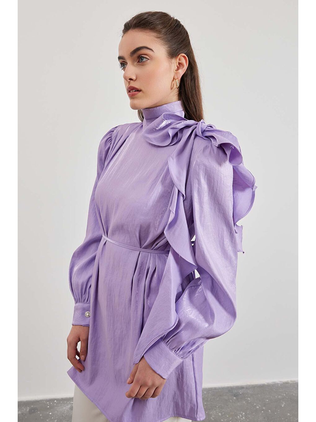 Drape Aksesuarlı Shine Tunik - Lila-4