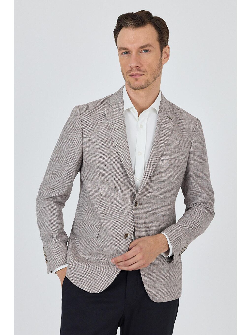 Bej Kazayağı Desen Bez Ayağı Mono Yaka Yarım Astar Keten Karışımlı 6 Drop Slim Fit Ceket 1002250102