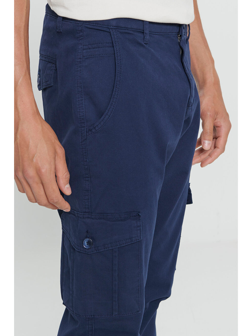 Erkek Lacivert Slim Fit Dar Kesim Kargo Cepli Pamuklu Esnek Pantolon-5