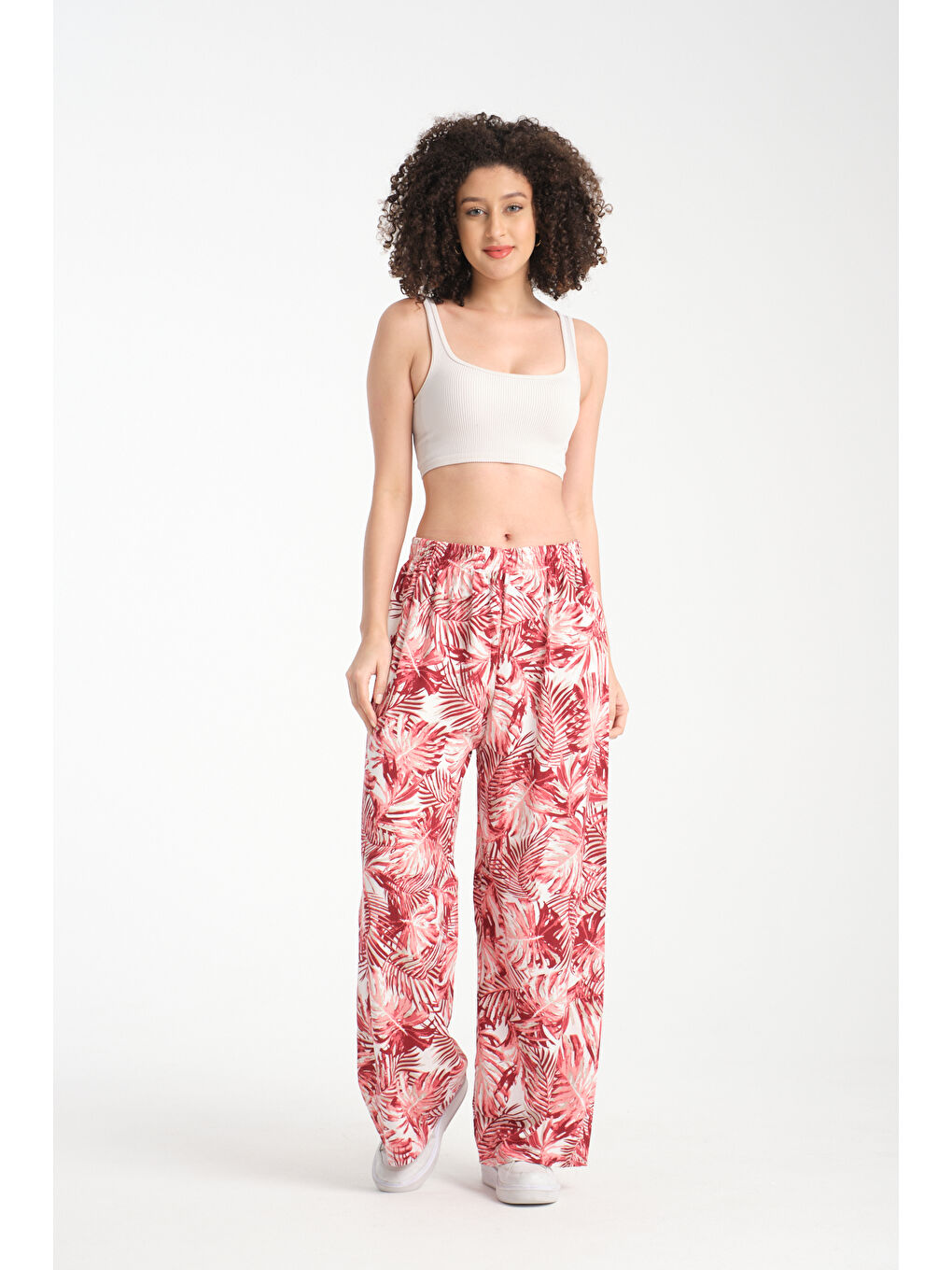 Pembe Kadın Hwai Desenli Dökümlü Viskon Pantolon 1066-1