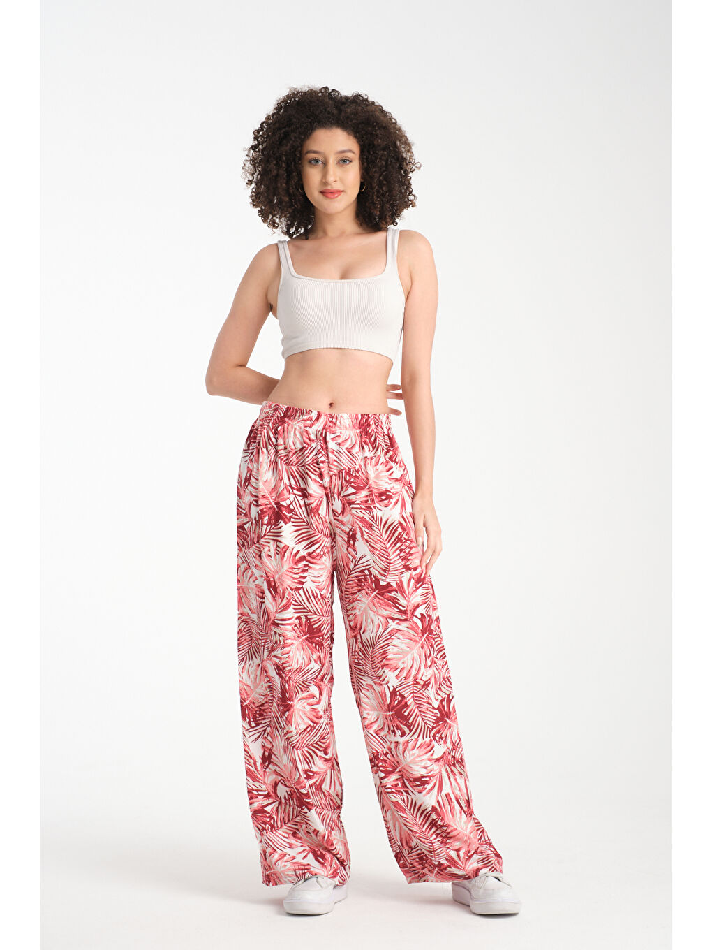 Pembe Kadın Hwai Desenli Dökümlü Viskon Pantolon 1066-4