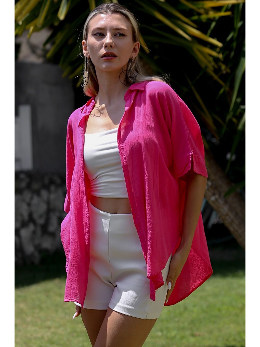 Pembe Gömlek Yaka Kısa Kol Kapamasız Yıkamalı Dokuma Casual Pamuk Ceket-1