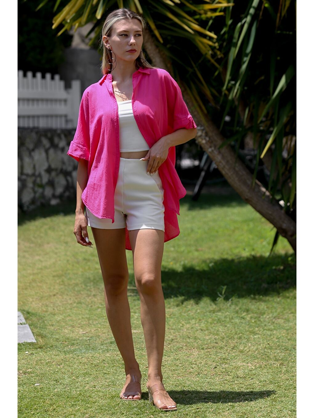 Pembe Gömlek Yaka Kısa Kol Kapamasız Yıkamalı Dokuma Casual Pamuk Ceket-2