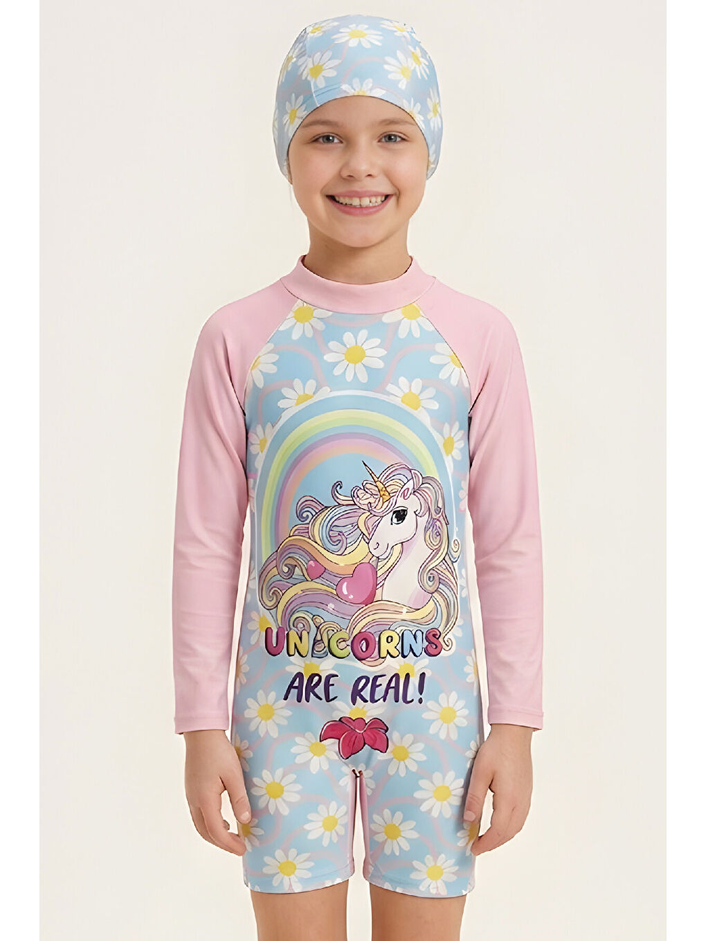 Pembe Kız Çocuk Mayo Takımı-Uzun Kollu Yüzücü Mayo ve Bone 4-12 Yaş 12639N