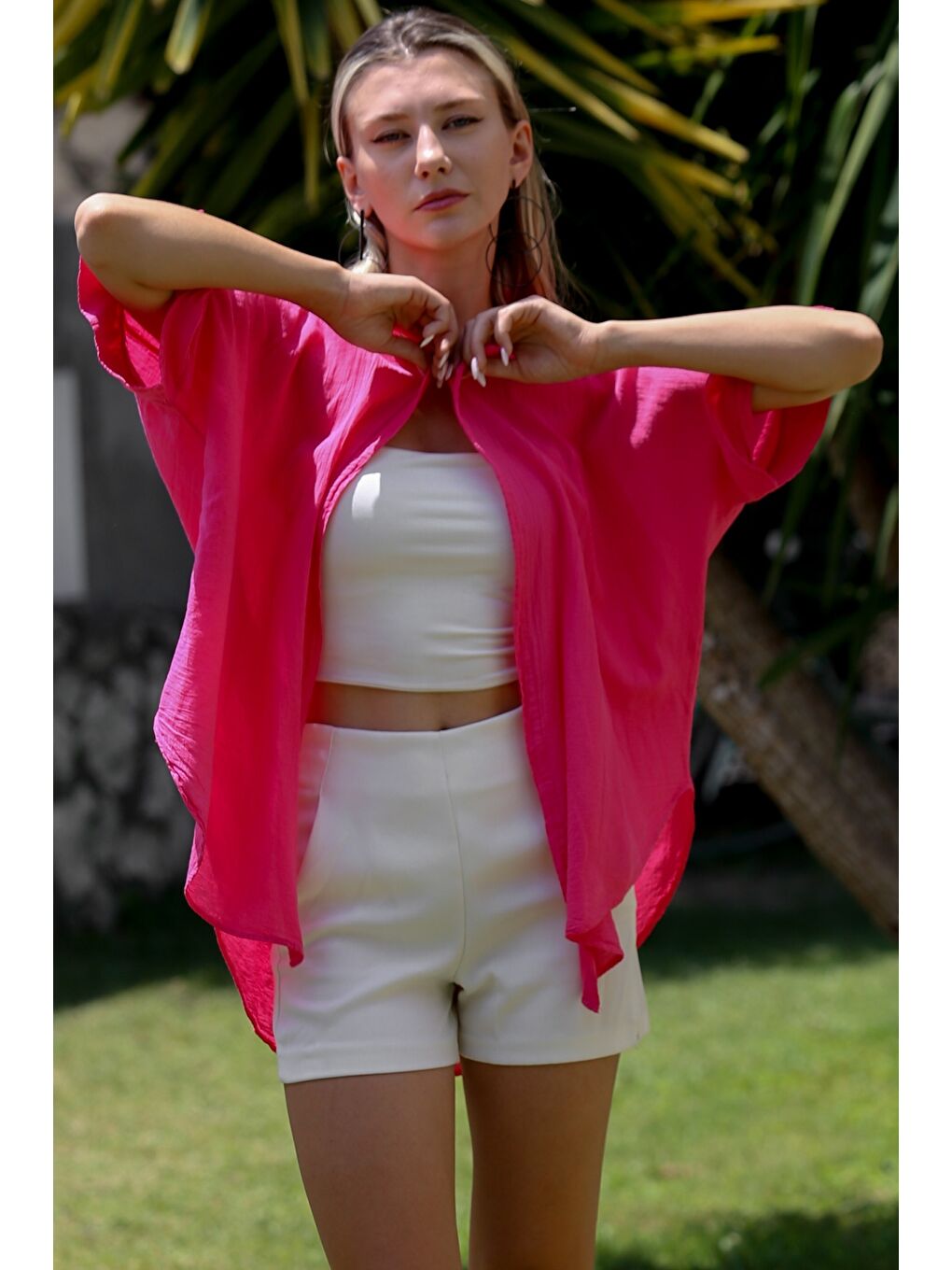 Pembe Gömlek Yaka Kısa Kol Kapamasız Yıkamalı Dokuma Casual Pamuk Ceket-4