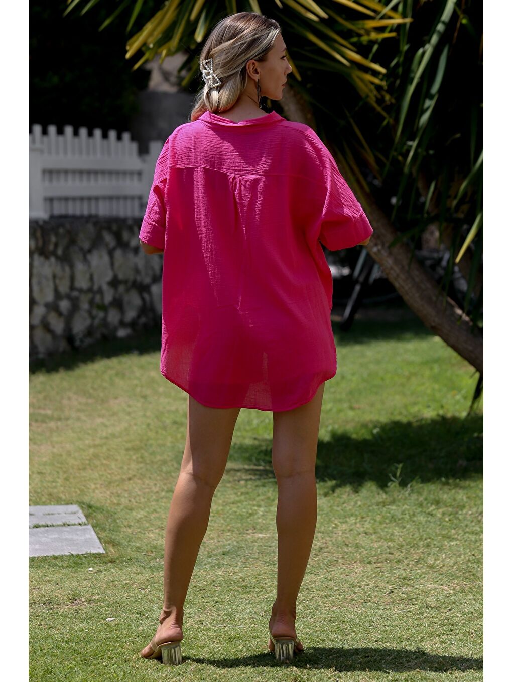 Pembe Gömlek Yaka Kısa Kol Kapamasız Yıkamalı Dokuma Casual Pamuk Ceket-6