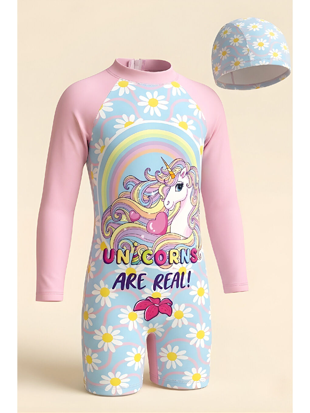 Pembe Kız Çocuk Mayo Takımı-Uzun Kollu Yüzücü Mayo ve Bone 4-12 Yaş 12639N-1