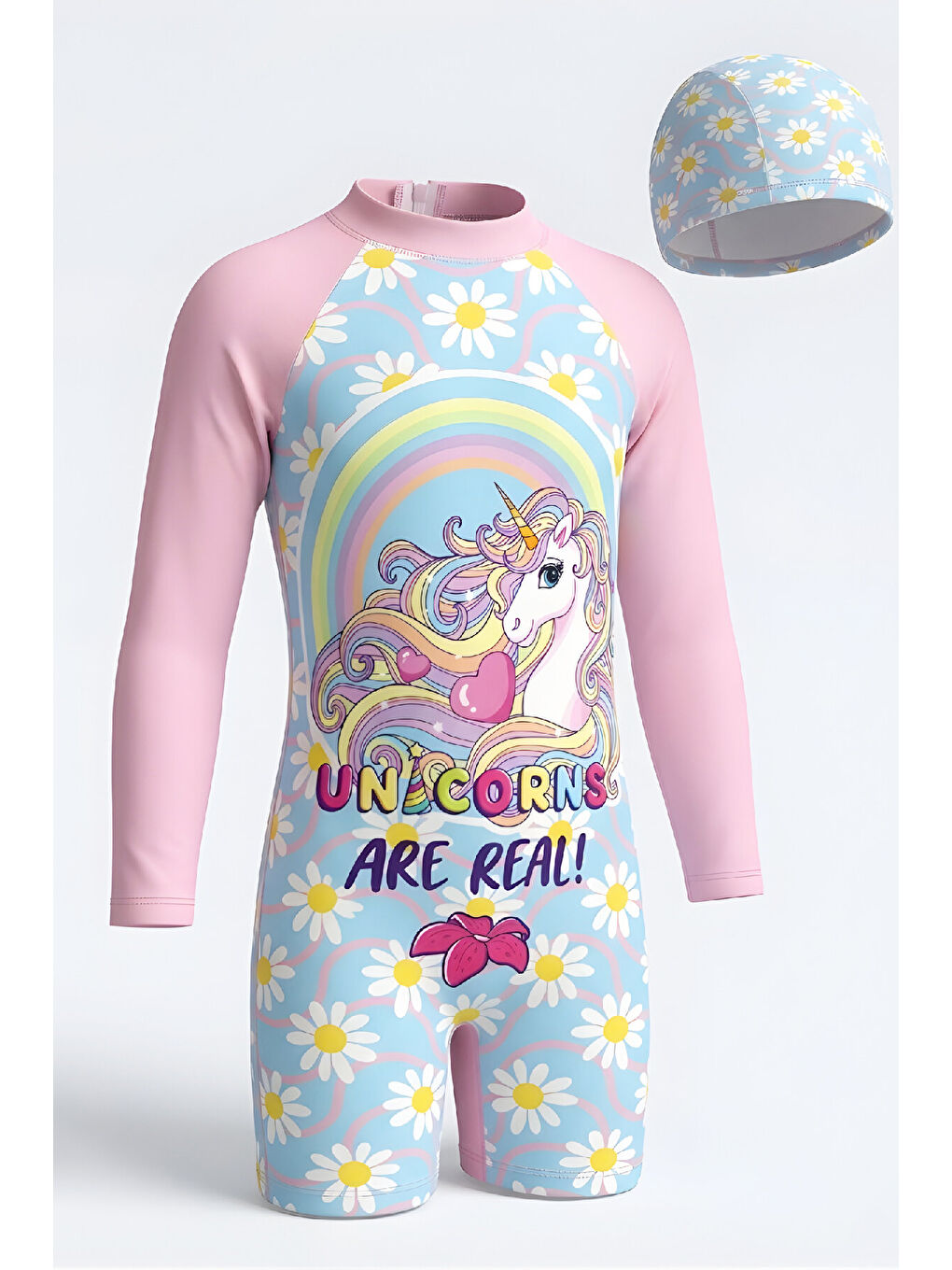 Pembe Kız Çocuk Mayo Takımı-Uzun Kollu Yüzücü Mayo ve Bone 4-12 Yaş 12639N-2