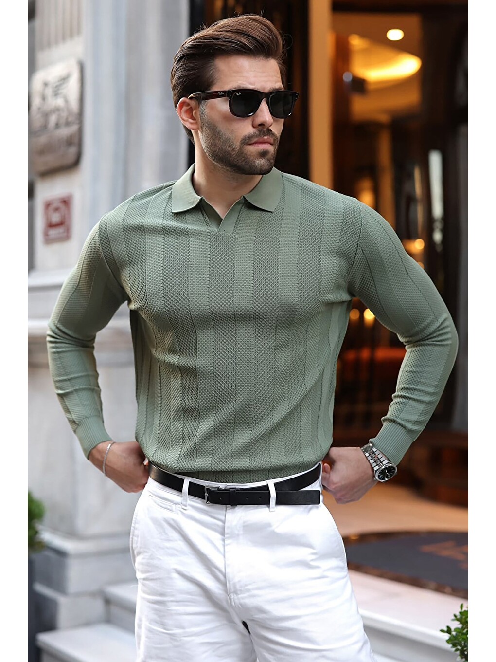 Haki Regular Fit Polo Yaka Triko Erkek Kazak E7509-2