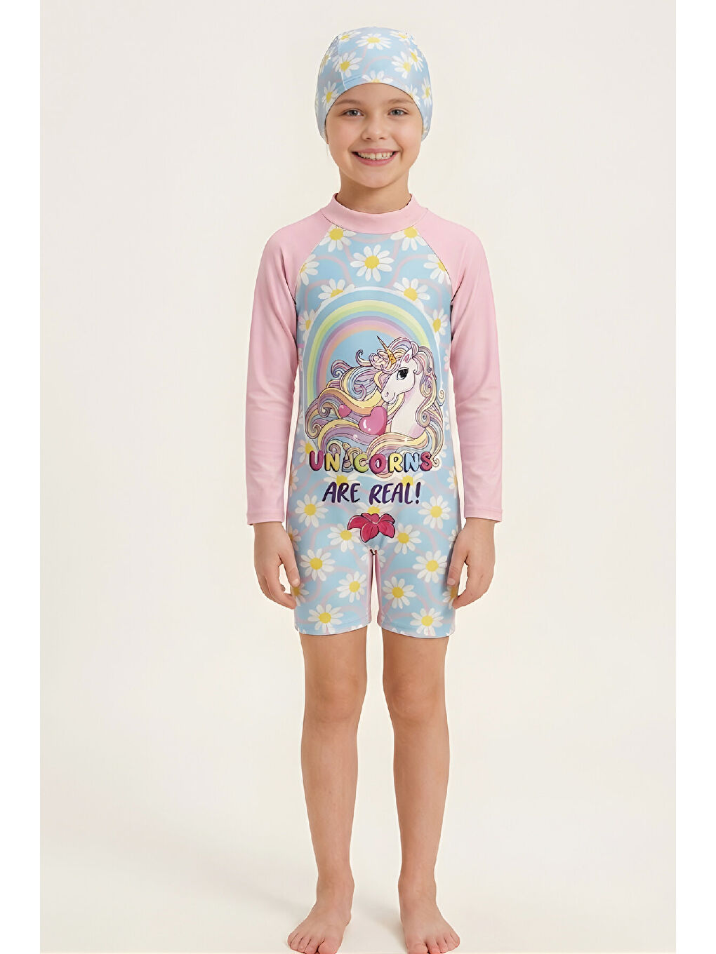 Pembe Kız Çocuk Mayo Takımı-Uzun Kollu Yüzücü Mayo ve Bone 4-12 Yaş 12639N-3