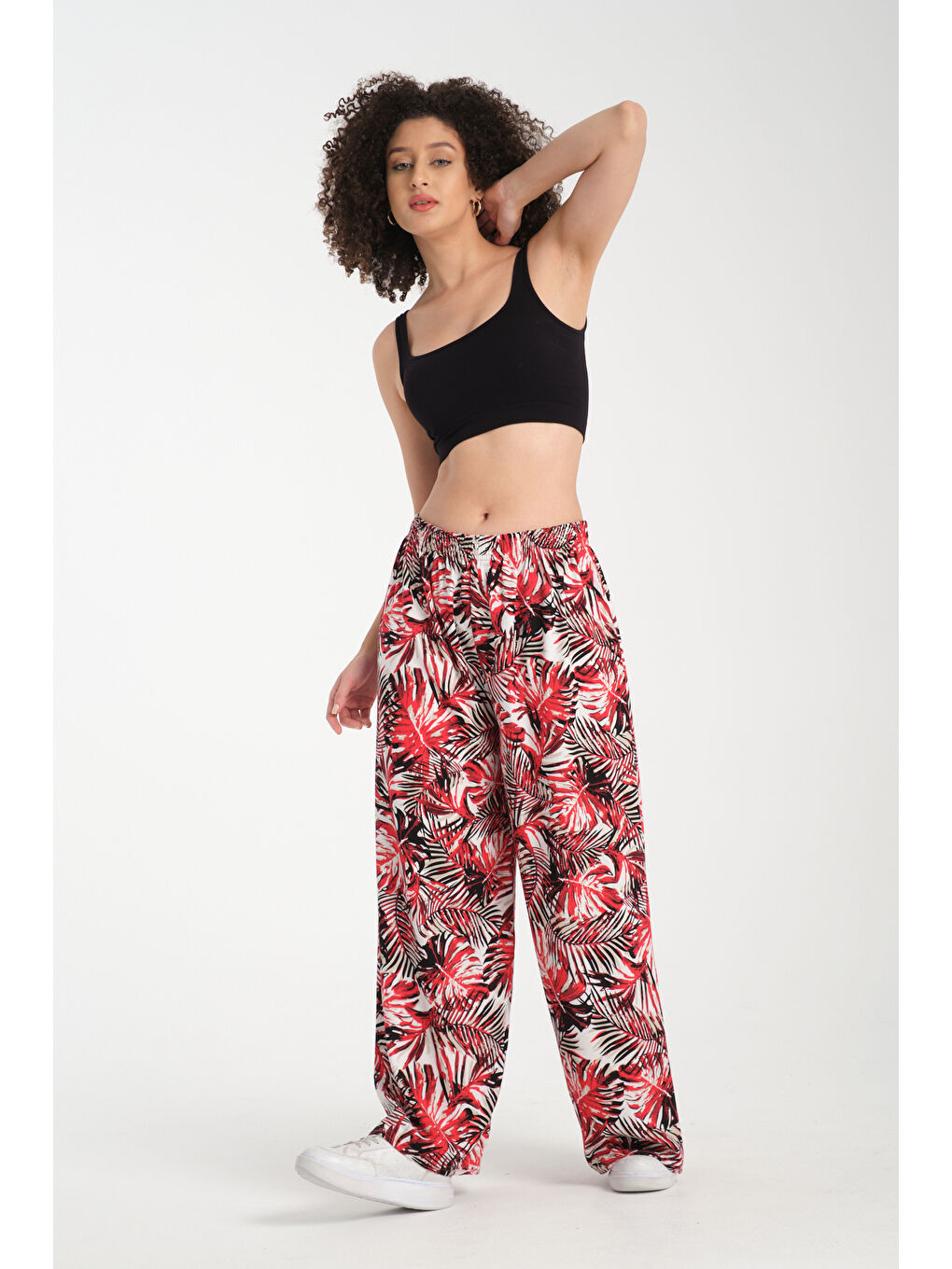 Kırmızı Kadın Hwai Desenli Dökümlü Viskon Pantolon 1066-1