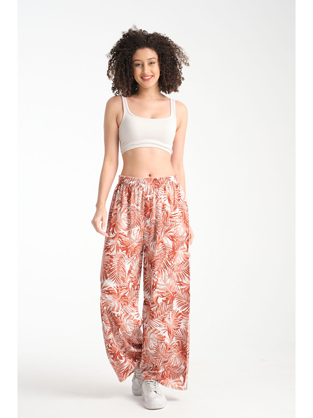 Kahverengi Kadın Hwai Desenli Dökümlü Viskon Pantolon 1066-1