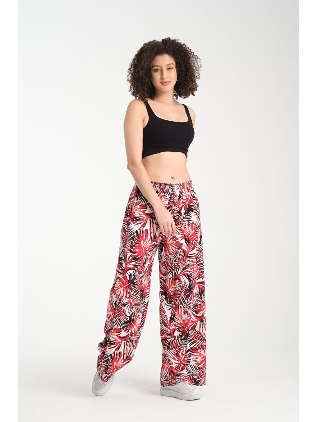 Kırmızı Kadın Hwai Desenli Dökümlü Viskon Pantolon 1066-4