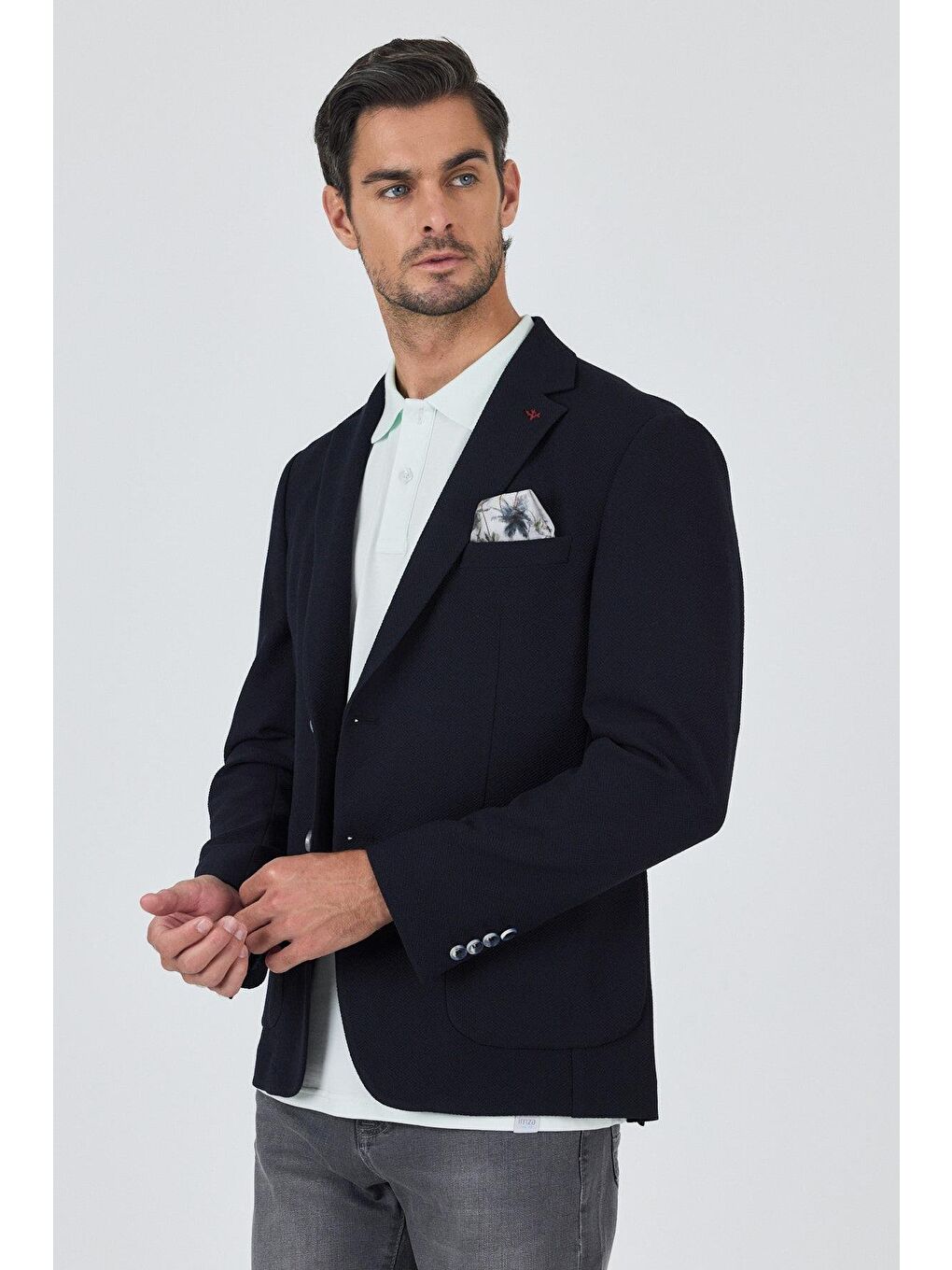 Koyu Lacivert Mono Yaka Düz 2 Düğme Casual Esnek Slim Fit Ceket 1002250123-2