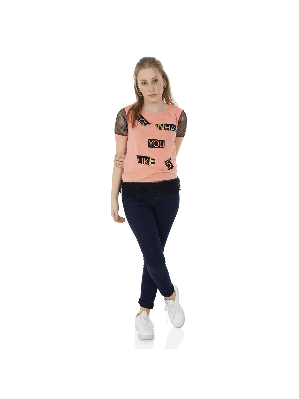 Pembe Kız Çocuk Kolları Fileli Yazı Baskılı Tişört