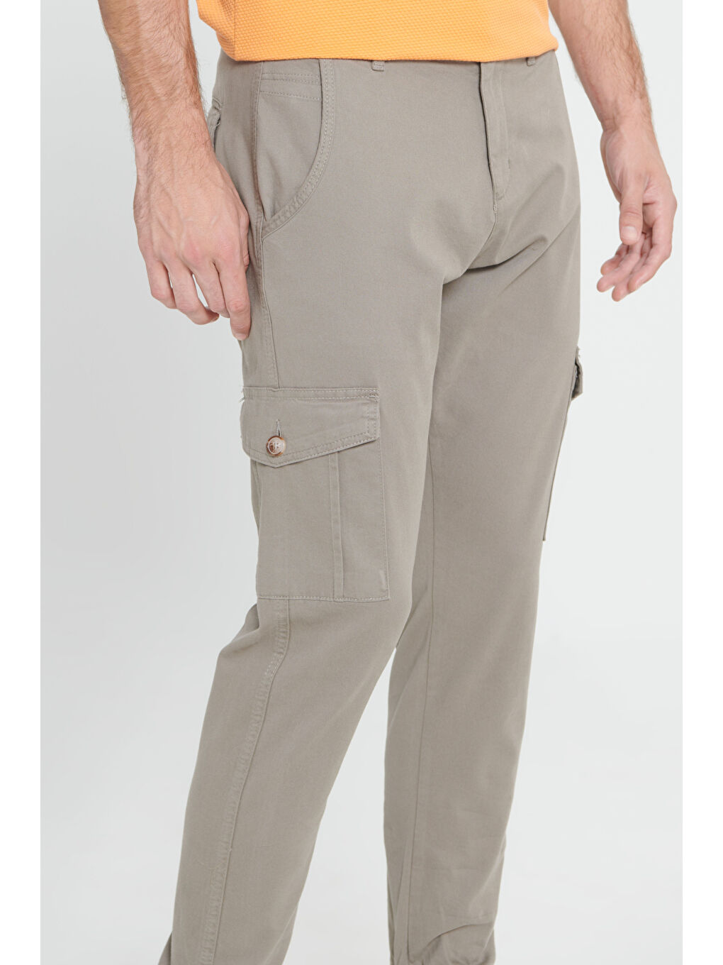 Erkek Bej Slim Fit Dar Kesim Kargo Cepli Pamuklu Esnek Pantolon-3