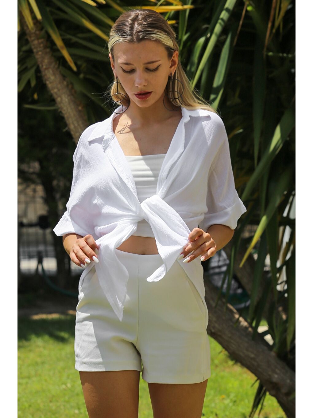 Beyaz Gömlek Yaka Kısa Kol Kapamasız Yıkamalı Dokuma Casual Pamuk Ceket-2