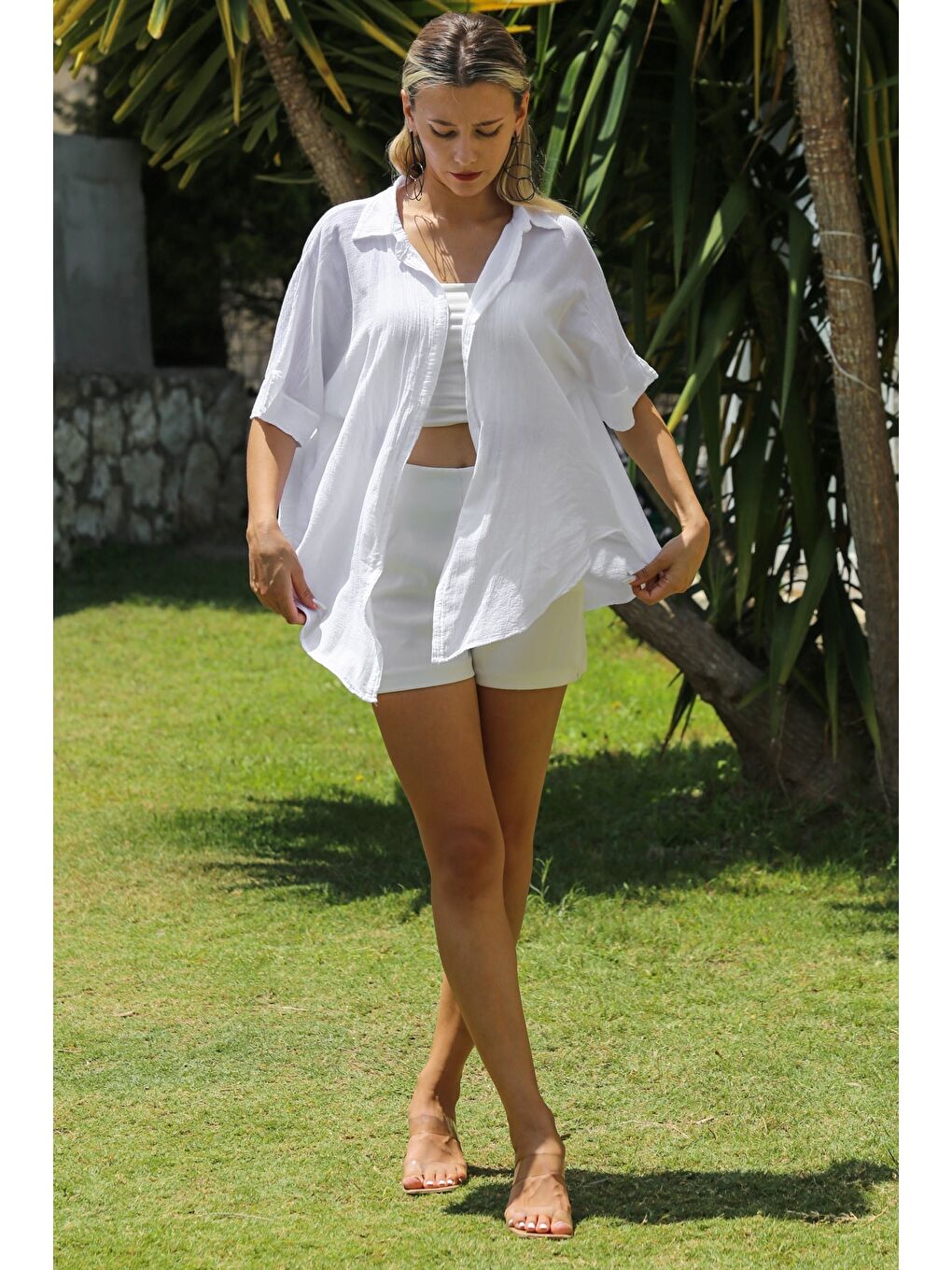 Beyaz Gömlek Yaka Kısa Kol Kapamasız Yıkamalı Dokuma Casual Pamuk Ceket-3