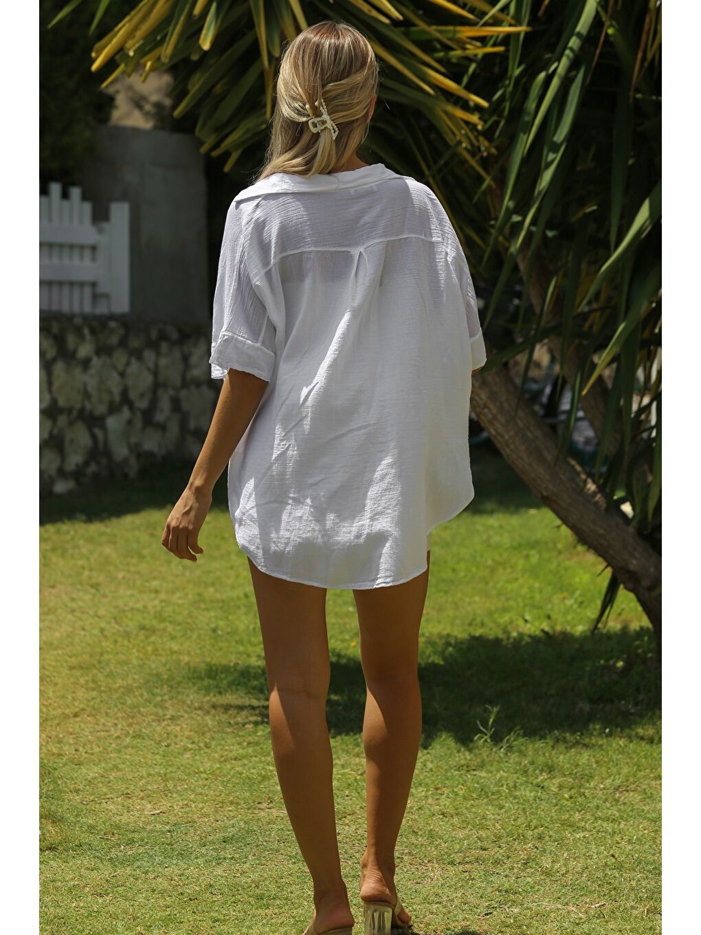 Beyaz Gömlek Yaka Kısa Kol Kapamasız Yıkamalı Dokuma Casual Pamuk Ceket-5