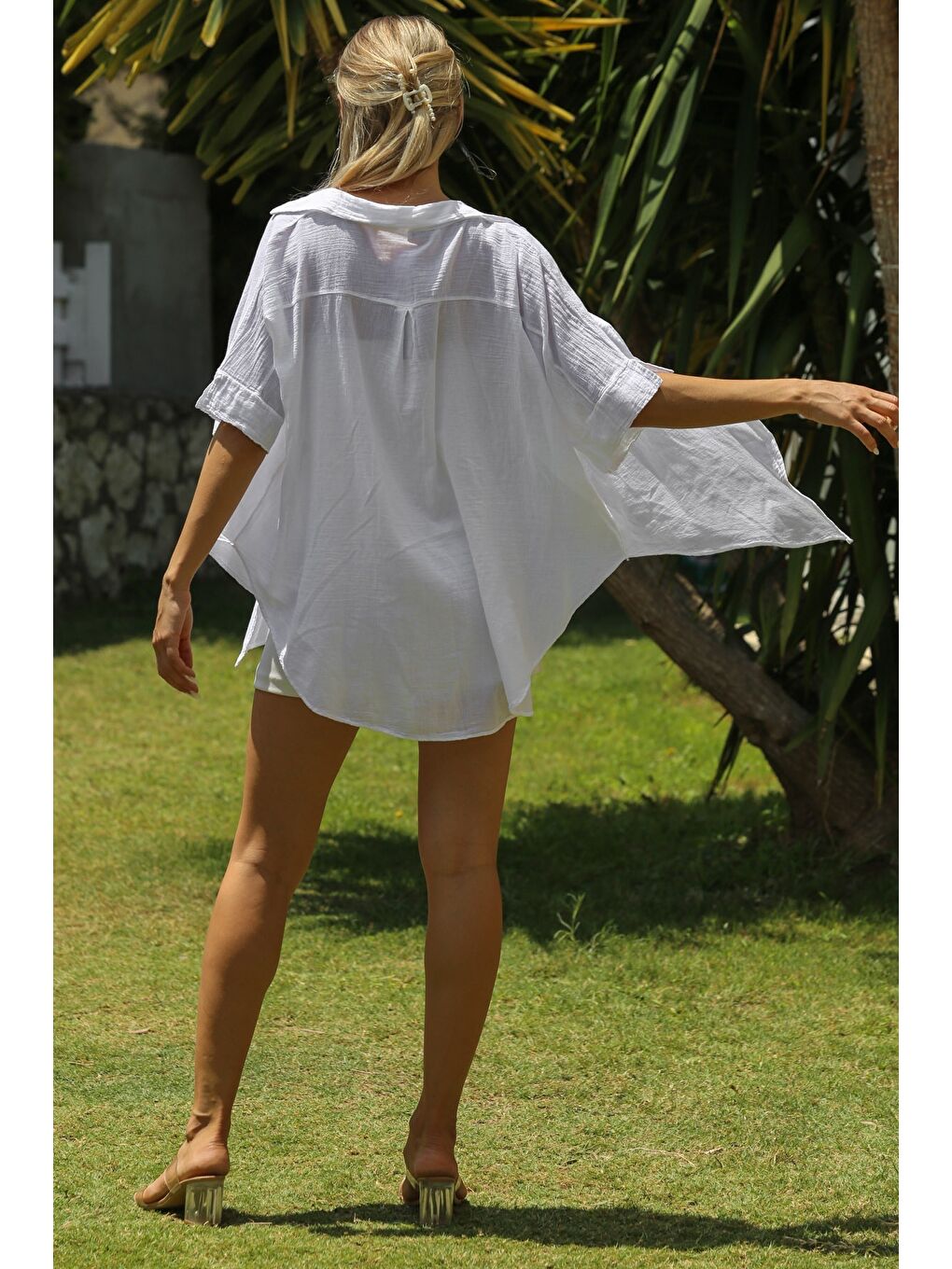 Beyaz Gömlek Yaka Kısa Kol Kapamasız Yıkamalı Dokuma Casual Pamuk Ceket-6