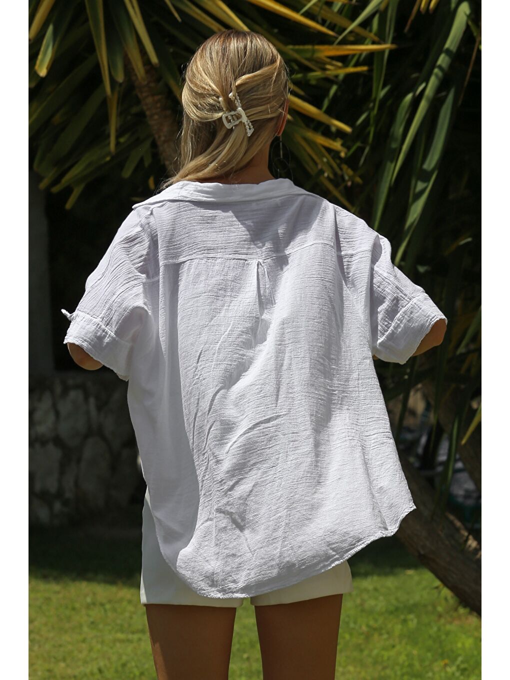 Beyaz Gömlek Yaka Kısa Kol Kapamasız Yıkamalı Dokuma Casual Pamuk Ceket-7