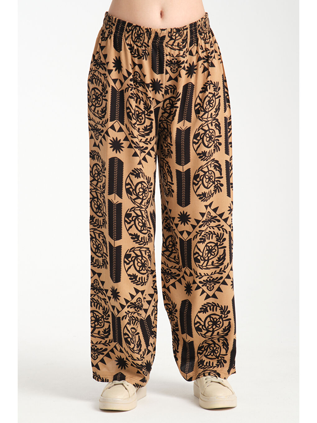 Sarı Kadın Fermuar Desenli Dökümlü Viskon Pantolon 1065