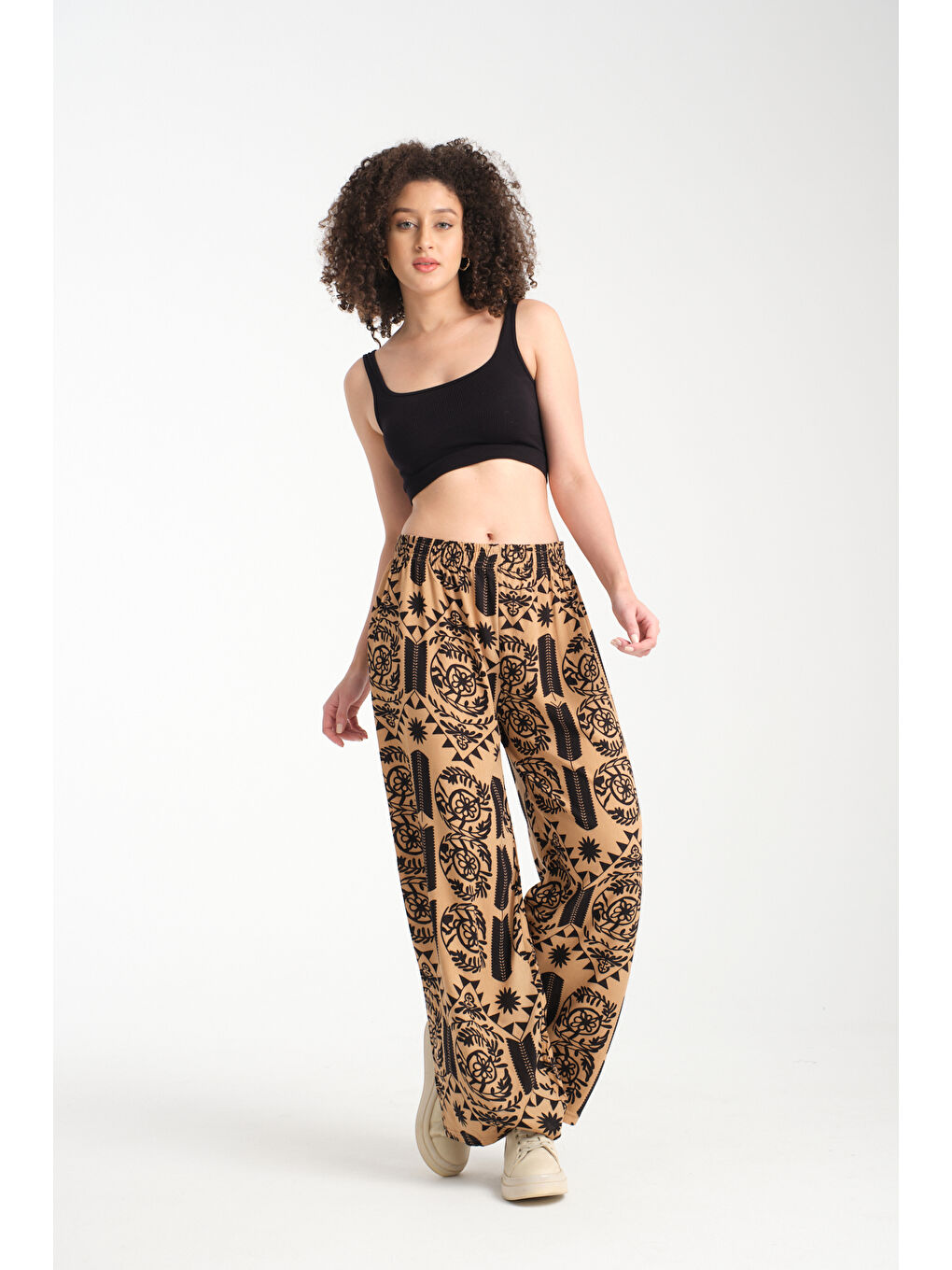 Sarı Kadın Fermuar Desenli Dökümlü Viskon Pantolon 1065-1