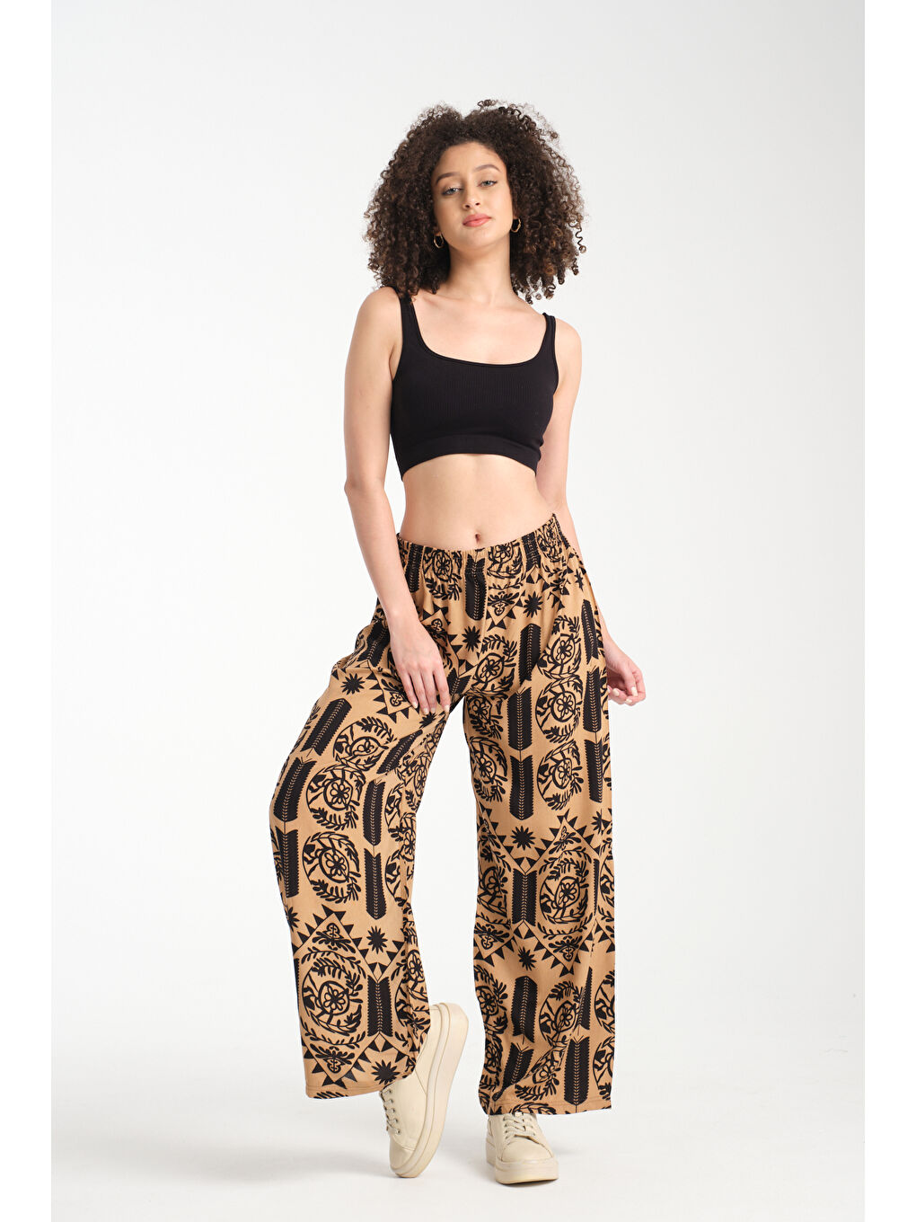 Sarı Kadın Fermuar Desenli Dökümlü Viskon Pantolon 1065-4