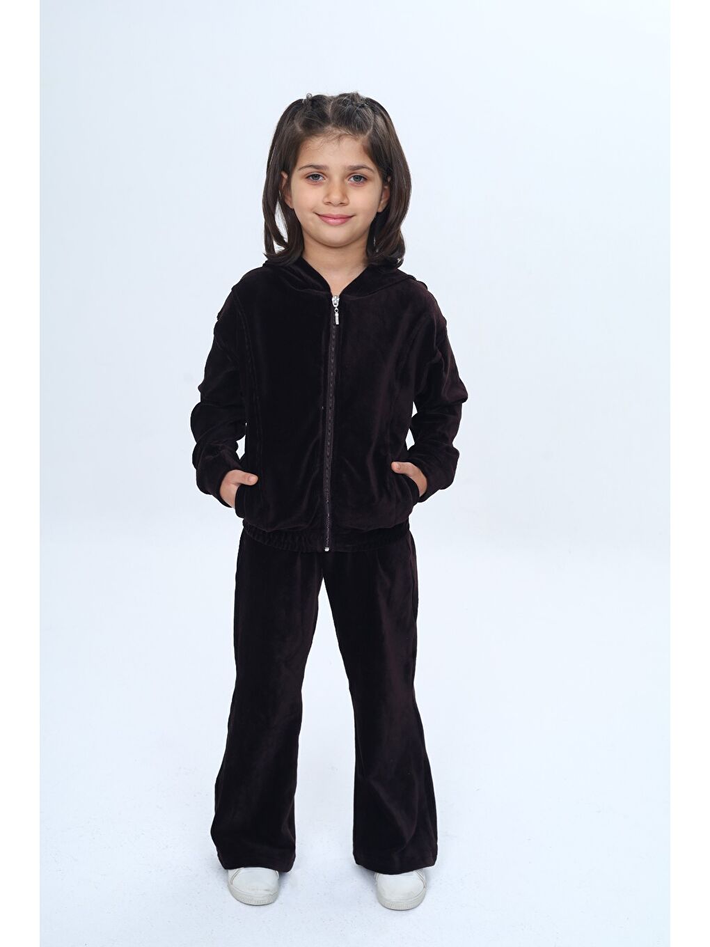 Kahverengi Kız Çocuk 2'li Takım Kapüşonlu Fermuarlı Cepli Sweatshirt & Beli Lastikli Bol Paça Eşofman Altı - Ka