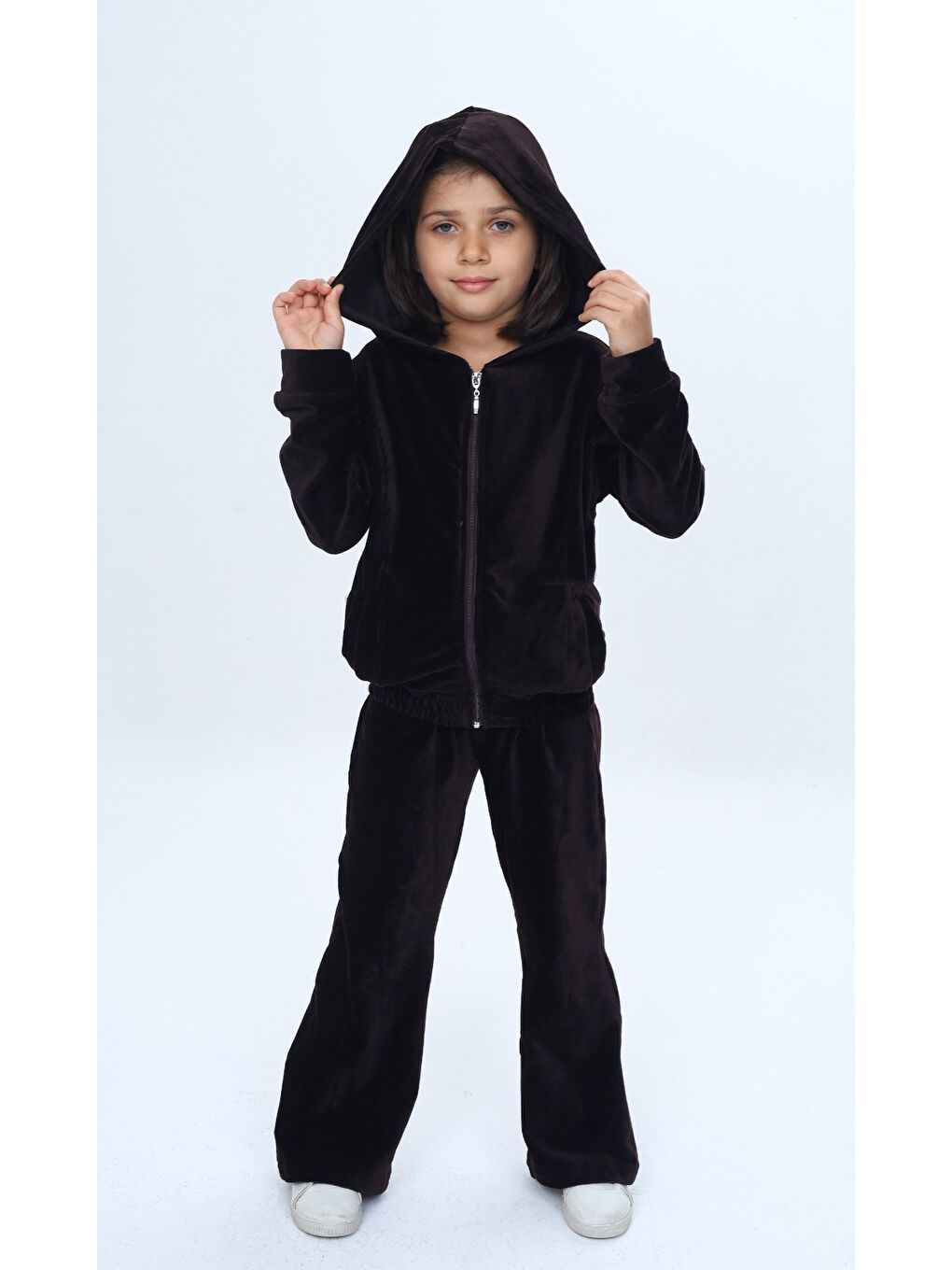 Kahverengi Kız Çocuk 2'li Takım Kapüşonlu Fermuarlı Cepli Sweatshirt & Beli Lastikli Bol Paça Eşofman Altı - Ka-1