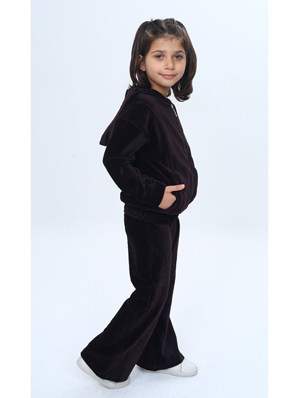 Kahverengi Kız Çocuk 2'li Takım Kapüşonlu Fermuarlı Cepli Sweatshirt & Beli Lastikli Bol Paça Eşofman Altı - Ka-2