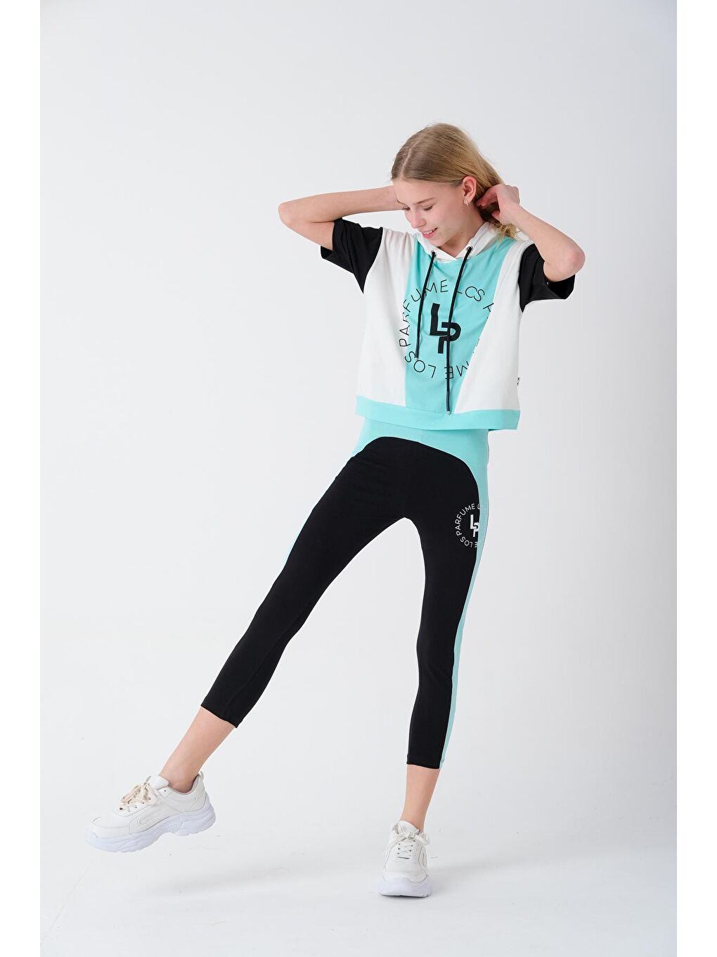 Turkuaz Kız Çocuk Yazı Baskılı Taytlı Takım 7-14 Yaş 13852-1