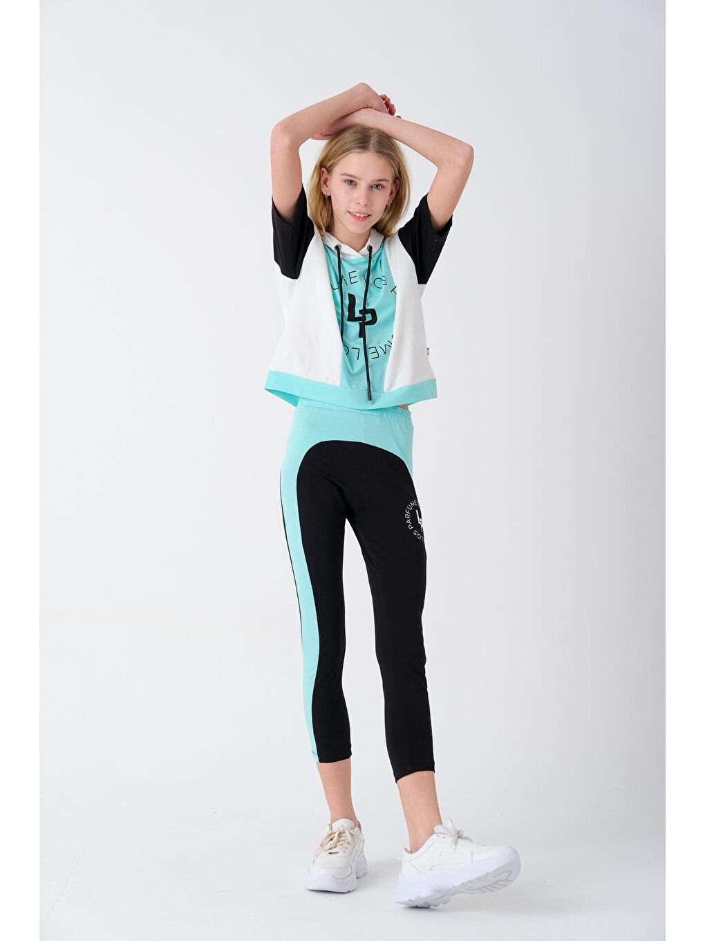 Turkuaz Kız Çocuk Yazı Baskılı Taytlı Takım 7-14 Yaş 13852-2
