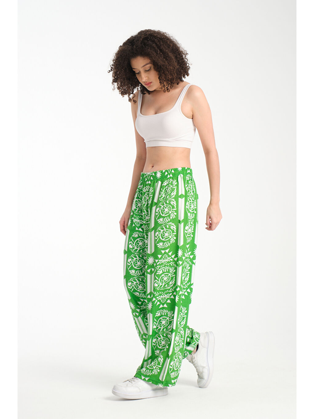 Yeşil Kadın Fermuar Desenli Dökümlü Viskon Pantolon 1065-1