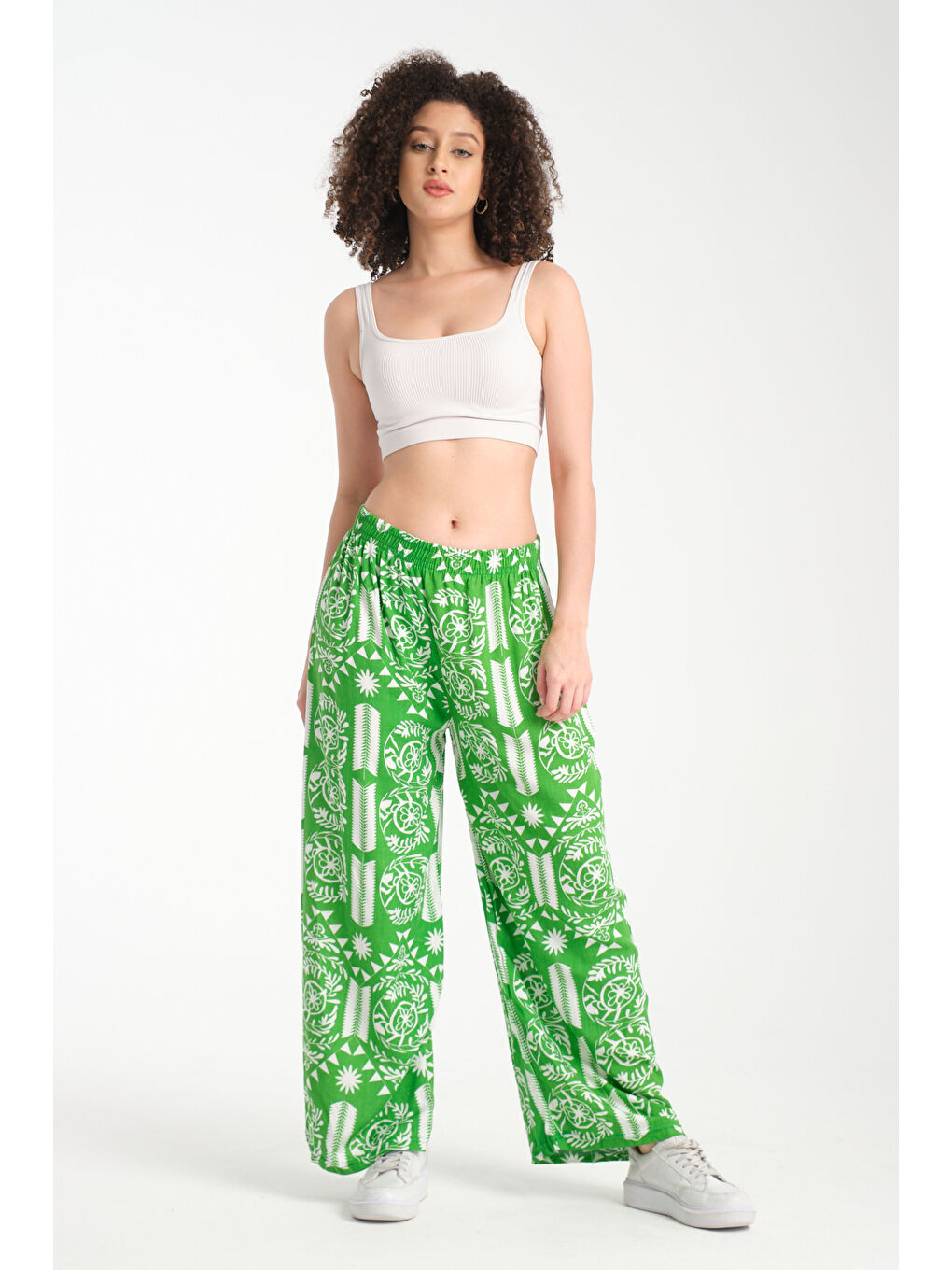 Yeşil Kadın Fermuar Desenli Dökümlü Viskon Pantolon 1065-4