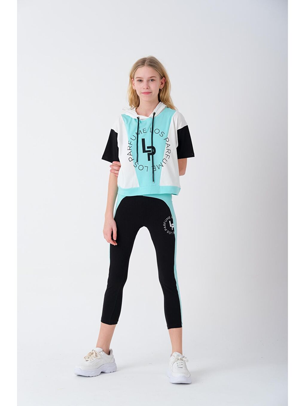 Turkuaz Kız Çocuk Yazı Baskılı Taytlı Takım 7-14 Yaş 13852-3