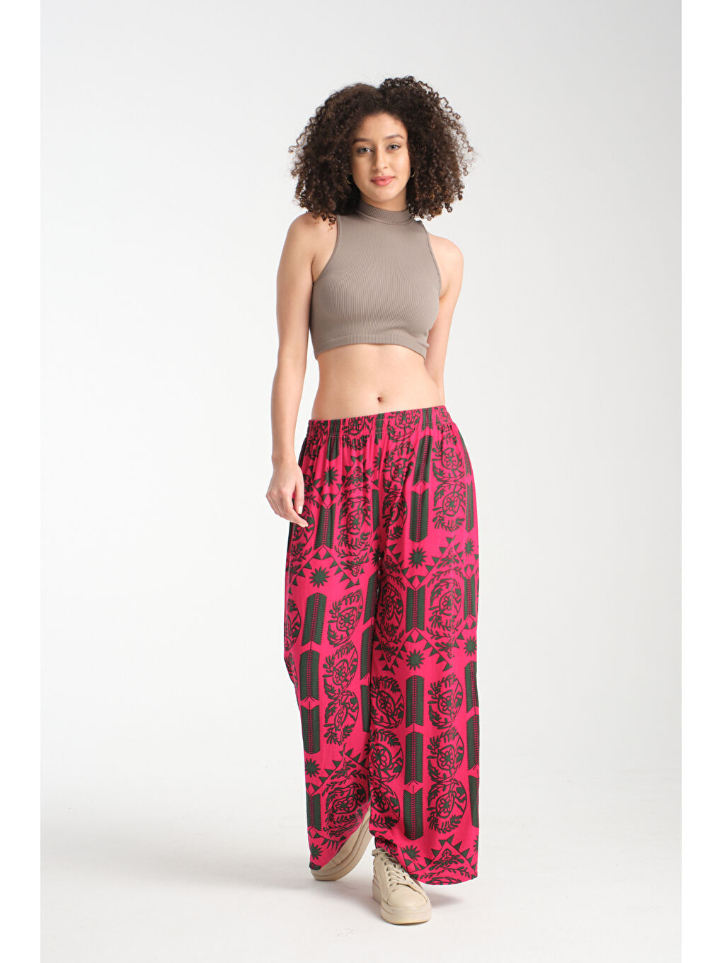 Fuşya Kadın Fermuar Desenli Dökümlü Viskon Pantolon 1065-1