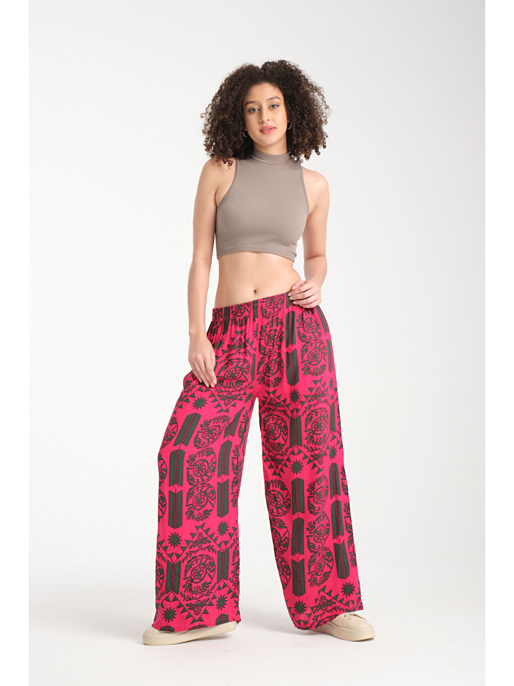 Fuşya Kadın Fermuar Desenli Dökümlü Viskon Pantolon 1065-4