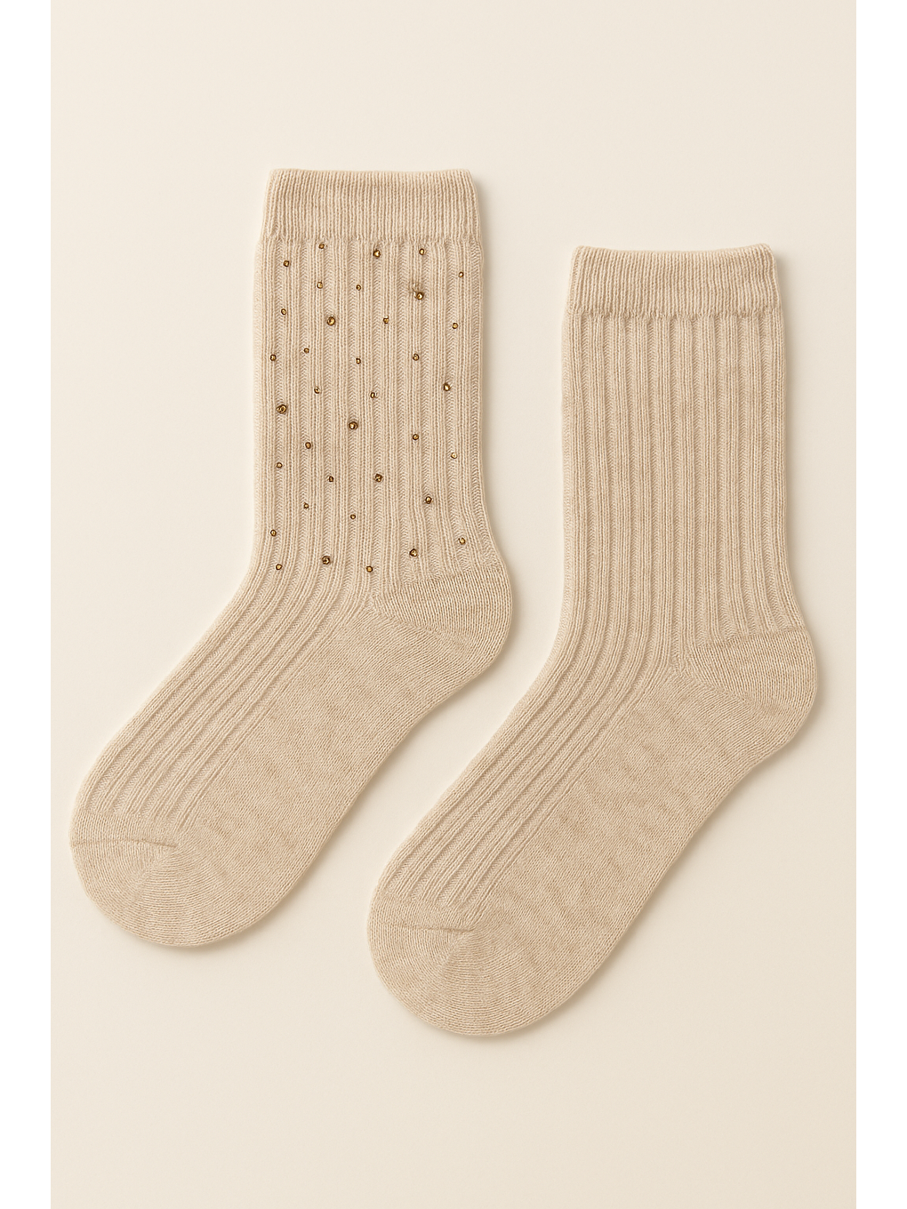 Kadın Taş Aksesuarlı Fitilli Yün Soket Çorap Ekru-1