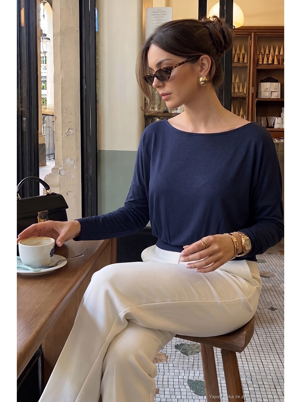 Lacivert Vücuda Oturan Kayık Yaka Uzun Kollu Yumuşak Örme Kadın Bluz 5866853