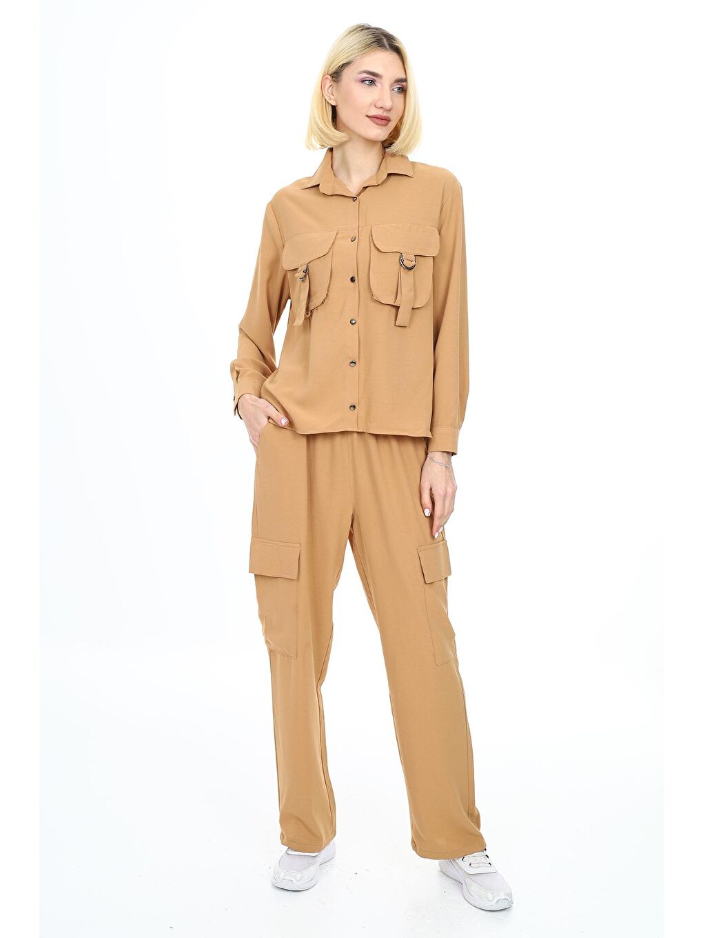 Bej Kadın Takım-Cep Kemer Detaylı-Alt-Üst Takım S-M-L 24101Sfr