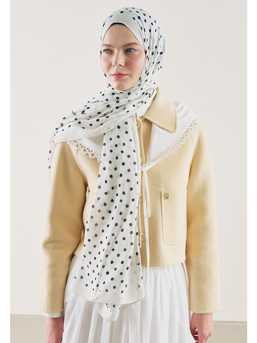 Small Polka Dots Desen Rami Şal Ekru-1