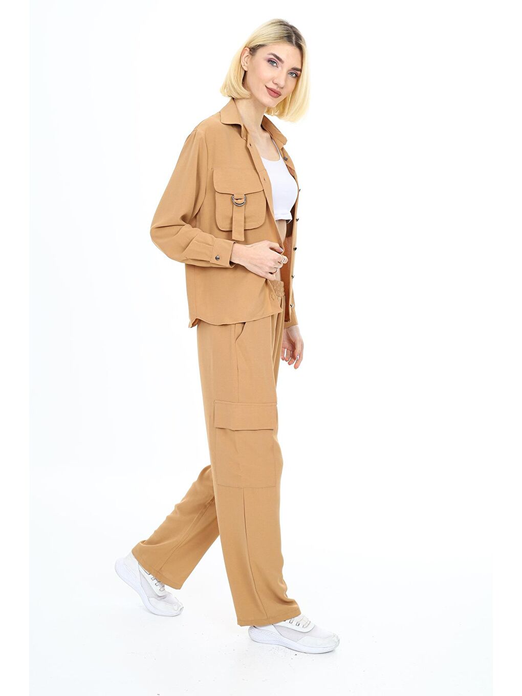 Bej Kadın Takım-Cep Kemer Detaylı-Alt-Üst Takım S-M-L 24101Sfr-3