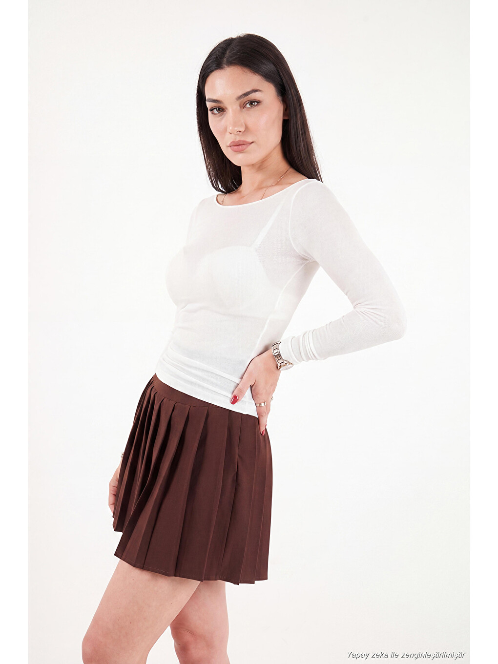 Ekru Kayık Yaka Transparan Kadın Triko Bluz 5866879-2