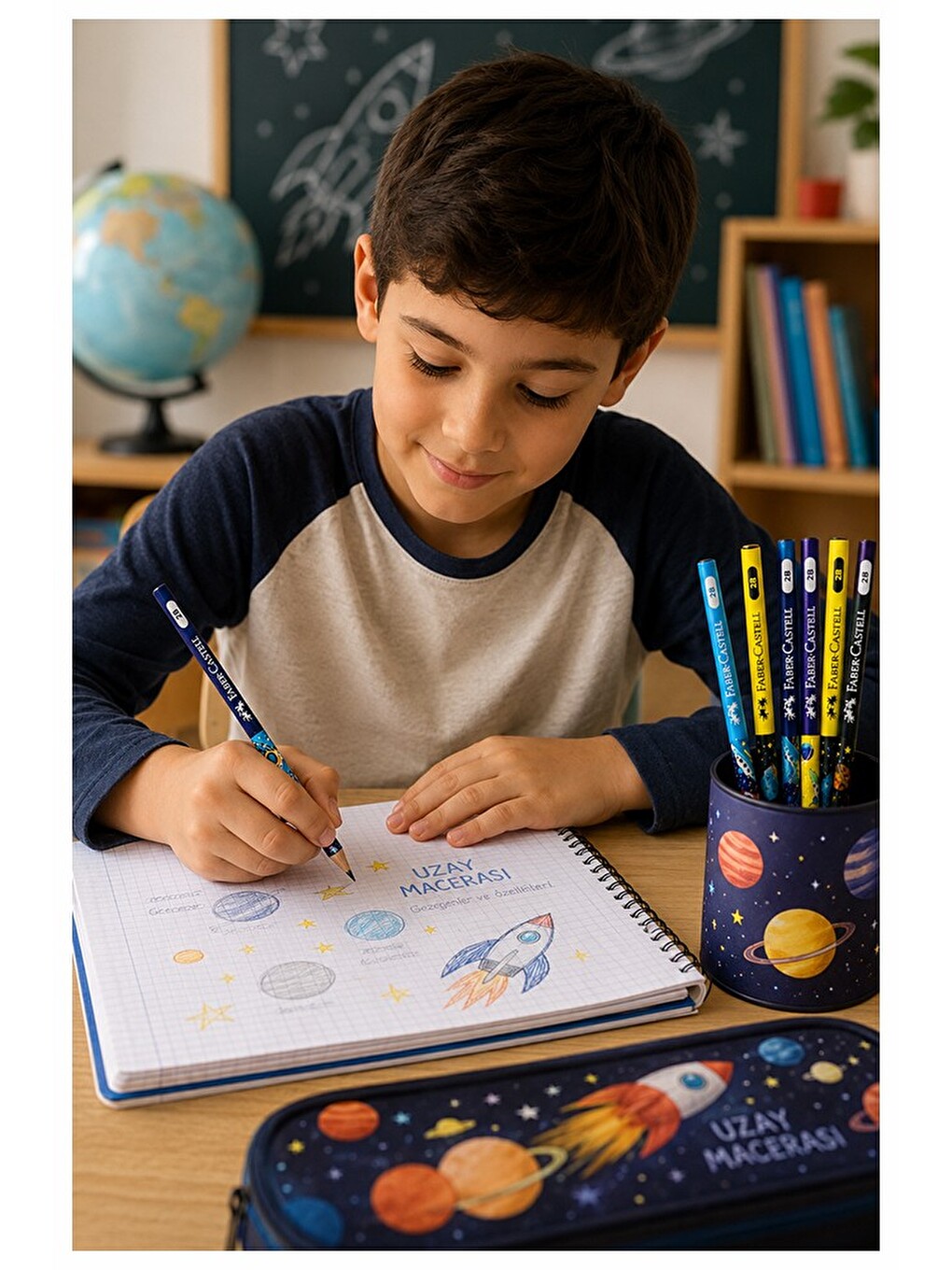 Uzay Macerası Kurşun Kalem 12 Adet Faber Castell Yuvarlak Gövdeli Siyah Kurşun Kalem Yumuşak Yazım K-2