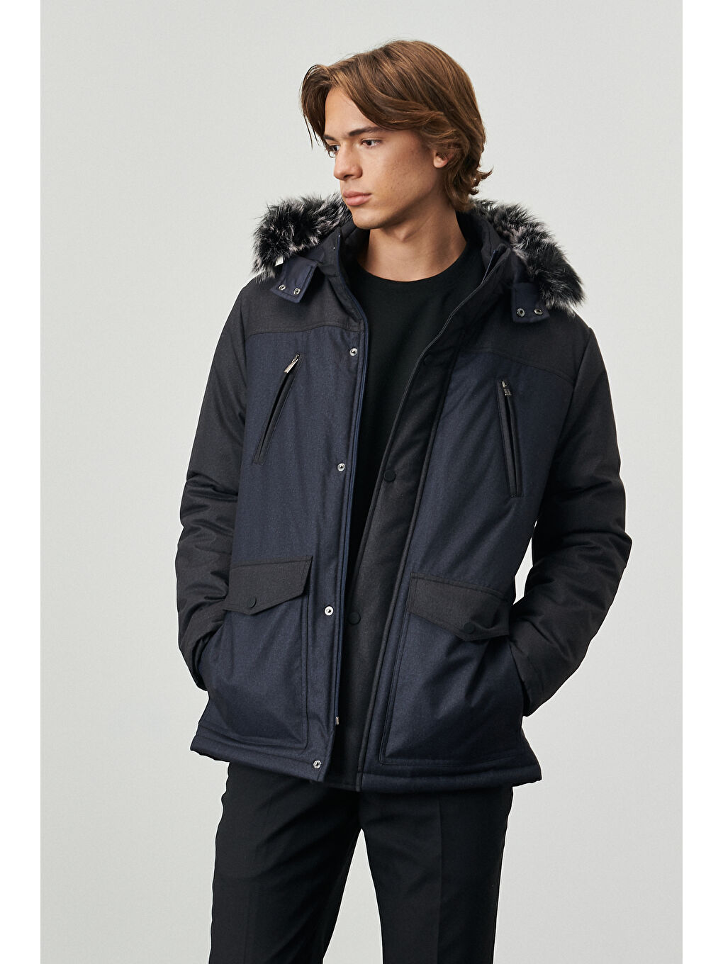 Erkek Antrasit-Lacivert Standart Fit Normal Kesim Kapüşonlu Desenli Kaban