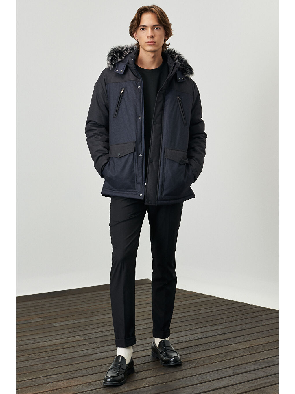 Erkek Antrasit-Lacivert Standart Fit Normal Kesim Kapüşonlu Desenli Kaban-1